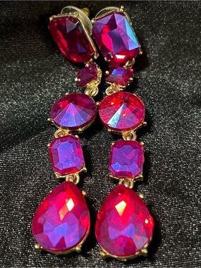 Hot Pink Crystal Pageant Earrings Fuchsia Statement Dangle Formal Prom